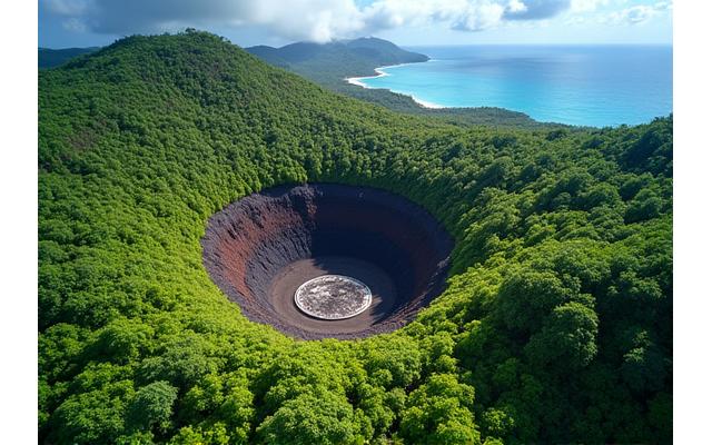 Vue aérienne d'une zone volcanique luxuriante en Guadeloupe, avec un site de forage géothermique