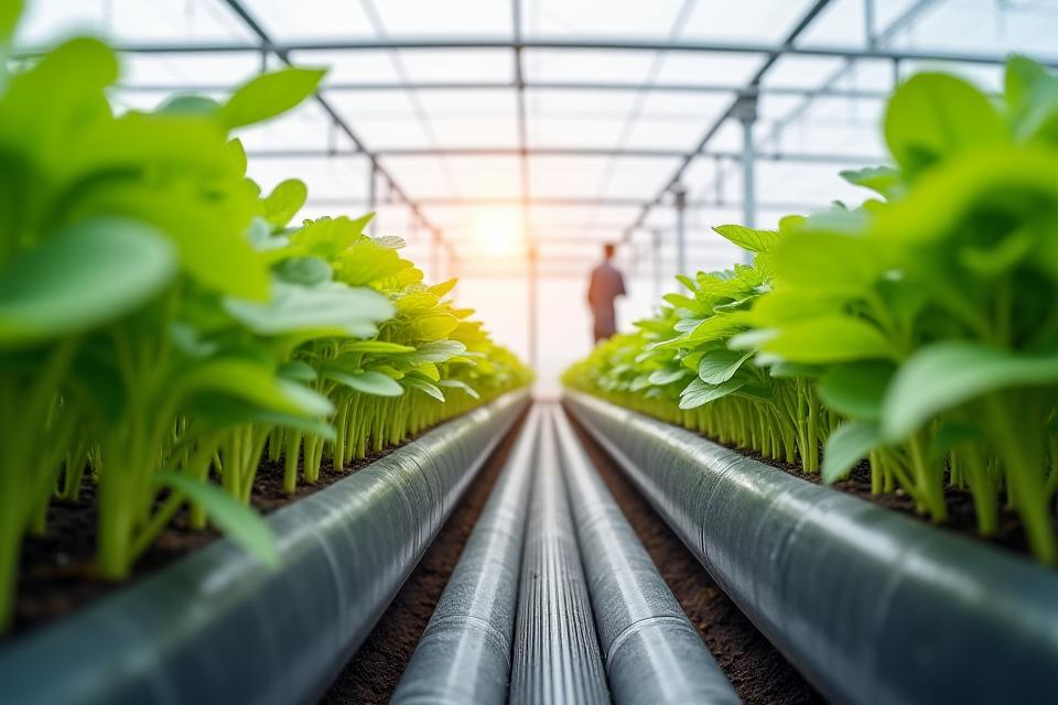 Intérieur d'une serre agricole moderne avec système de chauffage géothermique au sol