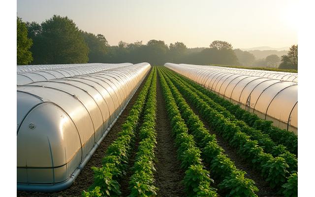 De vastes serres agricoles chauffées avec des tuyaux géothermiques visibles