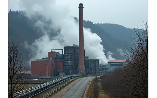 Usine industrielle avec vapeur s'échappant de tuyaux géothermiques en Alsace
