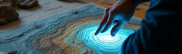 Géologue travaillant sur une carte géologique et un modèle 3D du sous-sol