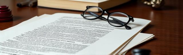 Documents juridiques et codes de réglementation empilés sur un bureau, avec une plume et des lunettes